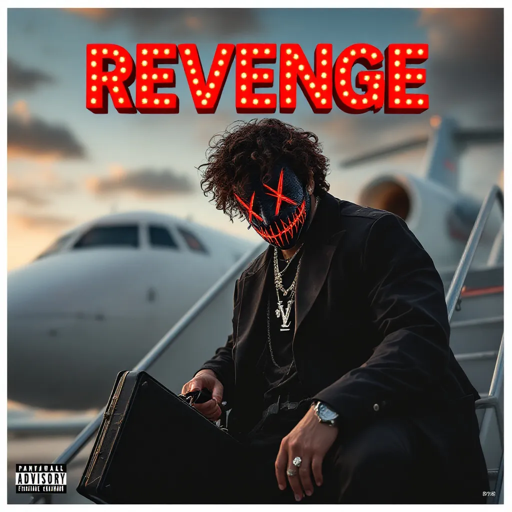 Prompt: The word REVENGE in 3D font with red Vegas style lit up letters as an album cover with the background as a guy with a curly medium hair and a creepy mask with diamond chains and Louis v  pendant on an edgy outfit carrying a briefcase onto a private jet