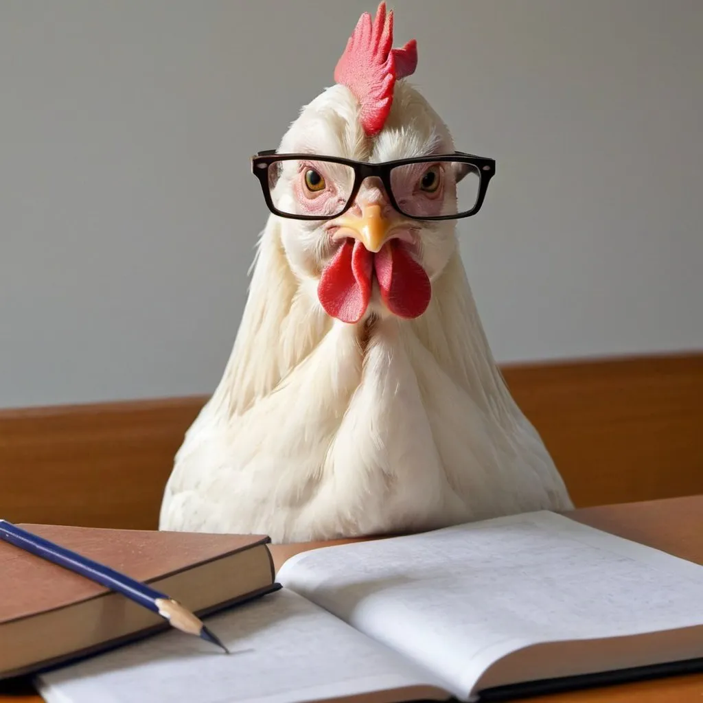 Prompt: chicken trying to study