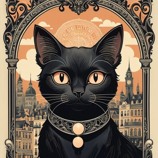 Prompt: (dessin d'affiche vintage), (a classic black cat), artistic style, playful and whimsical atmosphere, intricate line work, soft muted colors, adding a touch of nostalgia, retro aesthetics, ornamental frame, background featuring an intricate cityscape, subtle patterns, cartoon-like elements, showcasing charm and elegance, capturing the essence of traditional poster art, high quality, ultra-detailed, HD.