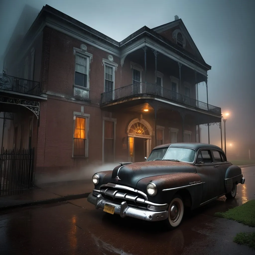 Prompt: 1950s era car parked by old New Orleans style hotel, thick mist, stormy night, decaying and neglected, atmospheric lighting, noir style, vintage, detailed rust, haunting ambiance, high quality, dark and stormy, misty setting, neglected building