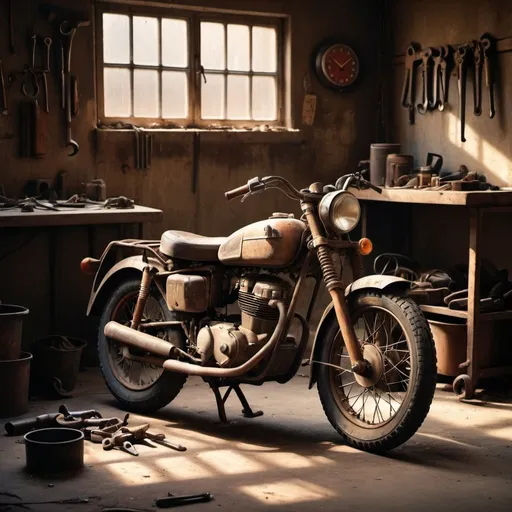 Prompt: Vintage motorcycle in a dusty, rundown garage, old metal mechanics bench with rusty tools, low sunlight casting dramatic shadows, gritty and grimy atmosphere, warm and aged color tones, vintage, detailed textures, atmospheric lighting, dusty interior, urban decay, high quality, realistic, warm lighting