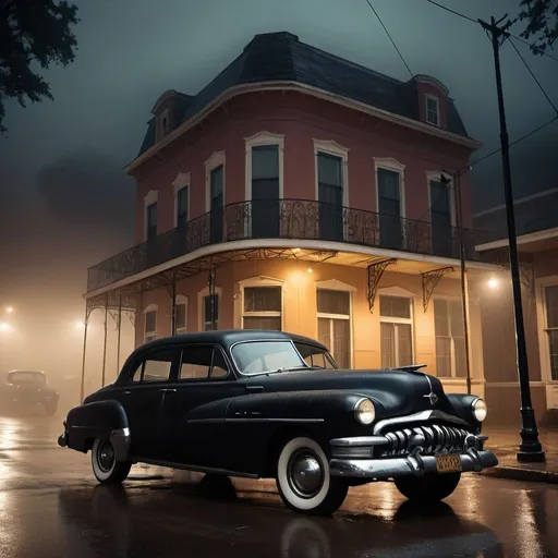 Prompt: A pitch black night, 1950s car parked outside neglected New Orleans style hotel, thick mist, dark and stormy, detailed vintage car, eerie atmosphere, high quality, noir, vintage, misty, neglected building, atmospheric lighting, stormy weather, cinematic