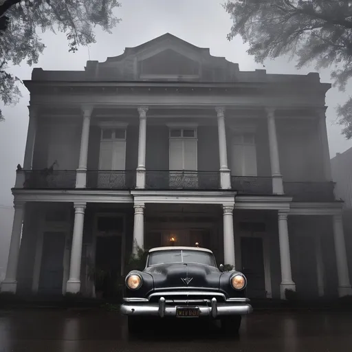 Prompt: 1950s car parked outside neglected New Orleans style hotel, thick mist, dark and stormy, detailed vintage car, eerie atmosphere, high quality, noir, vintage, misty, neglected building, atmospheric lighting, stormy weather, cinematic