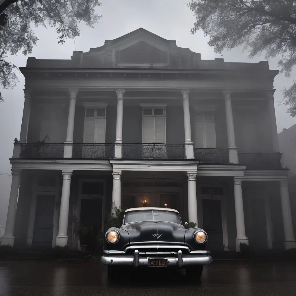 Prompt: 1950s car parked outside neglected New Orleans style hotel, thick mist, dark and stormy, detailed vintage car, eerie atmosphere, high quality, noir, vintage, misty, neglected building, atmospheric lighting, stormy weather, cinematic