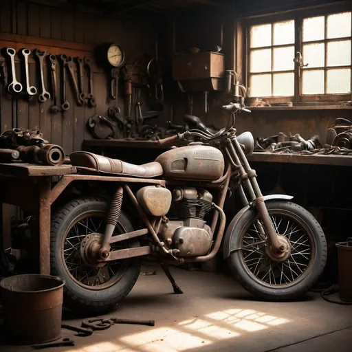 Prompt: Dark and dusty vintage garage, old rusty mechanics bench, vintage era motorcycle in low sunlight, rundown setting, dusty atmosphere, aged tools, low-key lighting, worn-out aesthetic, sunbeam on motorcycle, vintage, rustic, atmospheric lighting, gritty, detailed textures, high quality