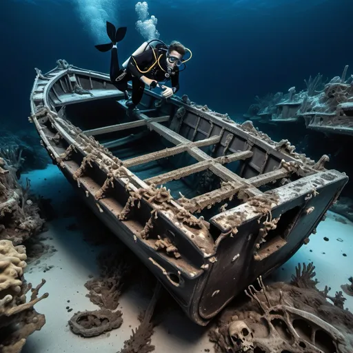 Prompt: A stock photo of a scuba diver exploring a decaying rowboat lying at the bottom of the deep blue ocean. The intricate details of the skeletal remains are highlighted. Dominant colors: deep blue and muted grays. Capture with a Canon EOS R5, 50mm lens, f/2.8, ISO 400, 1/125 sec. Soft, natural lighting filters through the surface, illuminating the scene. Composition focuses on the diver and boat, shot from a low angle.