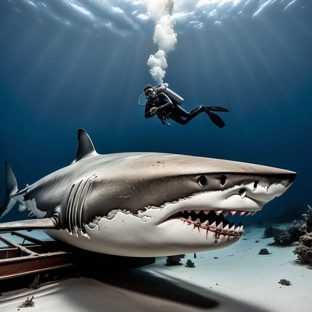 Prompt: A of a scuba diver swimming past a great white shark to a decaying rowboat lying at the bottom of the deep blue ocean. The intricate details of the skeletal remains are highlighted. Dominant colors: deep blue and muted grays. Capture with a Canon EOS R5, 50mm lens, f/2.8, ISO 400, 1/125 sec. Soft, natural lighting filters through the surface, illuminating the scene. Composition focuses on the diver and boat, shot from a low angle.