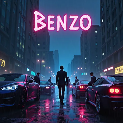 Prompt: Create an enticing recruitment poster for a criminal family organization named 'Benzo' within the MajesticRP game universe. Set the scene in a gritty, rain-soaked urban landscape at night, with towering skyscrapers and neon reflections casting a moody glow. Display the 'Benzo' logo boldly, perhaps illuminated in edgy, metallic textures or neon lettering. Populate the scene with mysterious figures dressed in sleek, tailored dark clothing, exuding a sense of control and authority, surrounded by luxury cars parked under dim street lights. Scatter symbolic elements like stacks of cash, playing cards, and subtle hints of weaponry to add a sense of intrigue and danger. Use a dramatic, high-contrast color palette with deep blues, purples, and flashes of neon, creating a cinematic, high-stakes atmosphere that captures both the allure and intensity of joining the 'Benzo' organization.