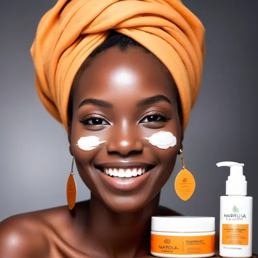 Prompt: Génère moi la photo d'une femme africaine souriante tenant un produit cosmétique avec le nom de la marque Natural Beauty