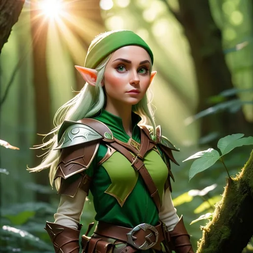 Prompt: Elf ranger in a mystical forest around sunlight