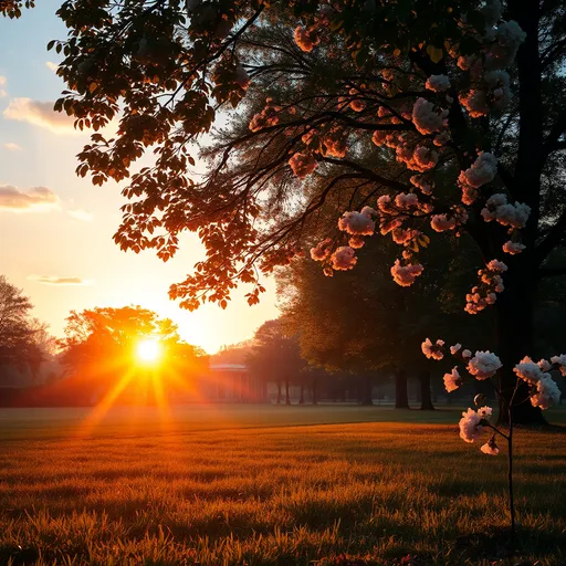 Prompt: Artistic dawn landscape, (breathtaking sunrise) illuminating the park, vibrant hues of orange and pink merging with gentle blue, soft rays filtering through leaves, dewy grass glistening, (serene atmosphere), intricate details of trees and blooming flowers, (ultra-detailed), high contrast and soft light, creating a magical morning scene in nature.