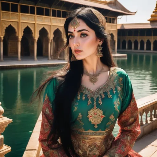 Prompt: A beautiful woman with long black hair and black eyes and drawn eyebrows is wearing a Persian dress and she is standing next to the roof on the platform next to a palace made of gold and decorated with ruby ​​and emerald stones and a beautiful river is flowing. The wind blows in the woman's hair. The sunlight shines on his face. A complete picture of a woman's dress.
show me complate photo woman .
