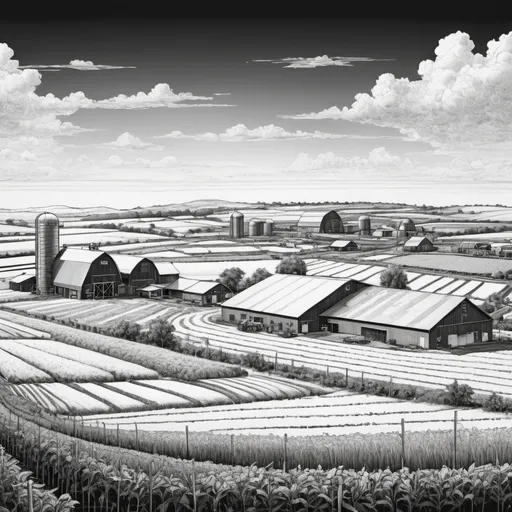 Prompt: A giant modern farm. Draw with pen black and white.