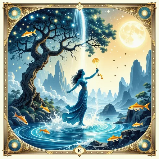 Prompt: Create a mesmerizing, celestial artwork that blends multiple astrological systems into one cohesive image. At the center, depict a radiant Aquarius water-bearer pouring a glowing, celestial stream that forms a cosmic river, symbolizing innovation and humanitarian ideals. Surround the figure with ethereal Pisces-like fish swimming in the water, representing intuition and deep emotional connection from the Draconic Sun.

Above the scene, a vibrant Fire Rabbit leaps gracefully among fiery constellations, symbolizing creativity, sensitivity, and determination. In the background, incorporate the Rowan Tree with its lush branches entwined with mystical runes, symbolizing wisdom and vision. Beside it, place an Otter playfully gliding through the water, embodying adaptability, curiosity, and resourcefulness.

Frame the image with intricate geometric patterns representing the Mayan Wind Sign (Ik), blending air elements with swirling clouds and gentle breezes. Add a subtle Egyptian touch with the goddess Isis or the falcon-headed Horus, bathed in golden light, standing guard on either side of the cosmic river.

Include celestial elements like the Moon, North Node (0° Aries), and constellations that weave across the sky. These should glow softly in the night, emphasizing the spiritual journey and soul essence. The background should feature a serene yet vibrant cosmic palette of blues, purples, golds, and fiery reds, creating a surreal, dreamlike atmosphere.