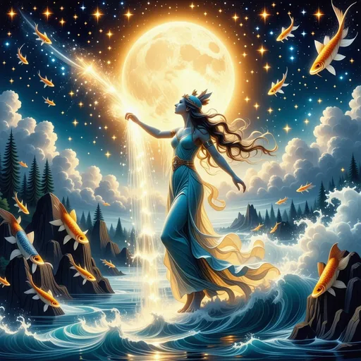 Prompt: Create a mesmerizing, celestial artwork that blends multiple astrological systems into one cohesive image. At the center, depict a radiant Aquarius water-bearer pouring a glowing, celestial stream that forms a cosmic river, symbolizing innovation and humanitarian ideals. Surround the figure with ethereal Pisces-like fish swimming in the water, representing intuition and deep emotional connection from the Draconic Sun.

Above the scene, a vibrant Fire Rabbit leaps gracefully among fiery constellations, symbolizing creativity, sensitivity, and determination. In the background, incorporate the Rowan Tree with its lush branches entwined with mystical runes, symbolizing wisdom and vision. Beside it, place an Otter playfully gliding through the water, embodying adaptability, curiosity, and resourcefulness.

Frame the image with intricate geometric patterns representing the Mayan Wind Sign (Ik), blending air elements with swirling clouds and gentle breezes. Add a subtle Egyptian touch with the goddess Isis or the falcon-headed Horus, bathed in golden light, standing guard on either side of the cosmic river.

Include celestial elements like the Moon, North Node (0° Aries), and constellations that weave across the sky. These should glow softly in the night, emphasizing the spiritual journey and soul essence. The background should feature a serene yet vibrant cosmic palette of blues, purples, golds, and fiery reds, creating a surreal, dreamlike atmosphere.