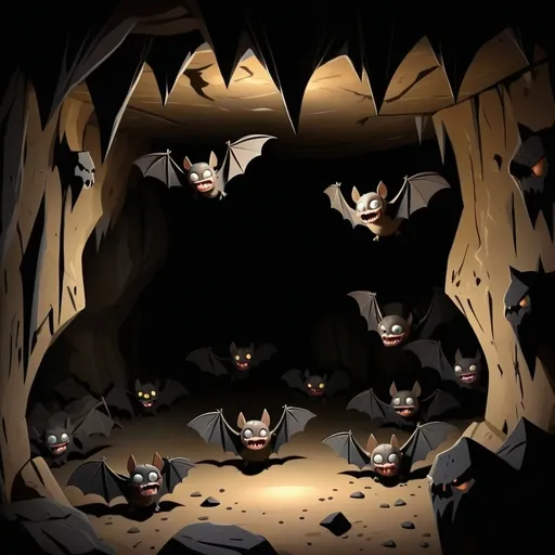 Prompt: Dark cave, bats inside,  Dark atmosphere, cave, horror, scary, black space in middle, cartoon