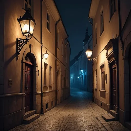 Prompt: Bratislava old town in nigh, dark street, victorian, vampire, painting,