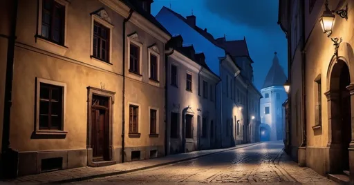 Prompt: (Bratislava old town at night), dark, moody alley, (Victorian architecture), eerie ambiance, shadows cast by dim street lamps, hints of mist, mysterious carved stone details, , old cobblestones, atmospheric lighting, deep blues with subtle purples, (oil painting style), ultra-detailed, rich textures, captivating gothic elements, enchanting yet foreboding atmosphere. 1.91:1 ratio, 1920 x 1005