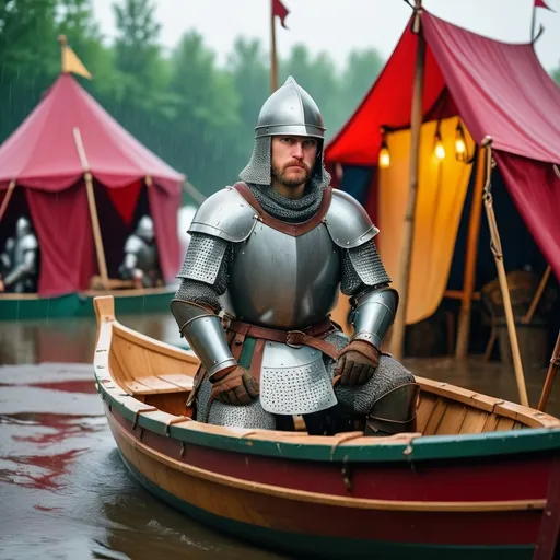 Prompt: Medieval knights on small boat in the medieval tent camp. Can is half under water because of flood. It is raining. Sad atmosphere. Raining. Knights should wear chainmail armour and great helmets. Bohemia