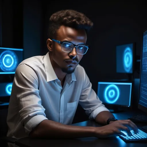 Prompt: Handsome ethiopian man with rimless and frameless glasses of caramel complexion sitting in front of a computer at his work desk staring at the monitor with a blue led light from the datacenter in the background in a dark room. hyperrealistic human looking image