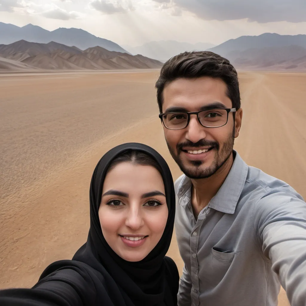 Prompt: a man and woman taking a selfie in front of a desert landscape with mountains in the background and a cloudy sky, Amir Zand, dau-al-set, f / 3 2, a picture