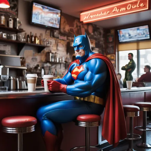 Prompt: Super hero seated at bar in a diner taking a coffee break
