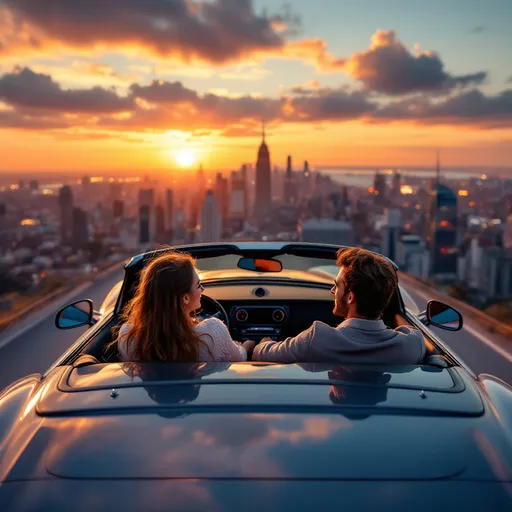 Prompt: Aerial view of two handsome couples, lively sunset lighting, cruising in a stylish 4-seater convertible, expansive cityscape background bustling with skyscrapers, warm amber and cool blue hues blending harmoniously, feeling of freedom and joy, high-definition, ultra-detailed imagery, capturing the thrill of the open road amidst urban elegance.