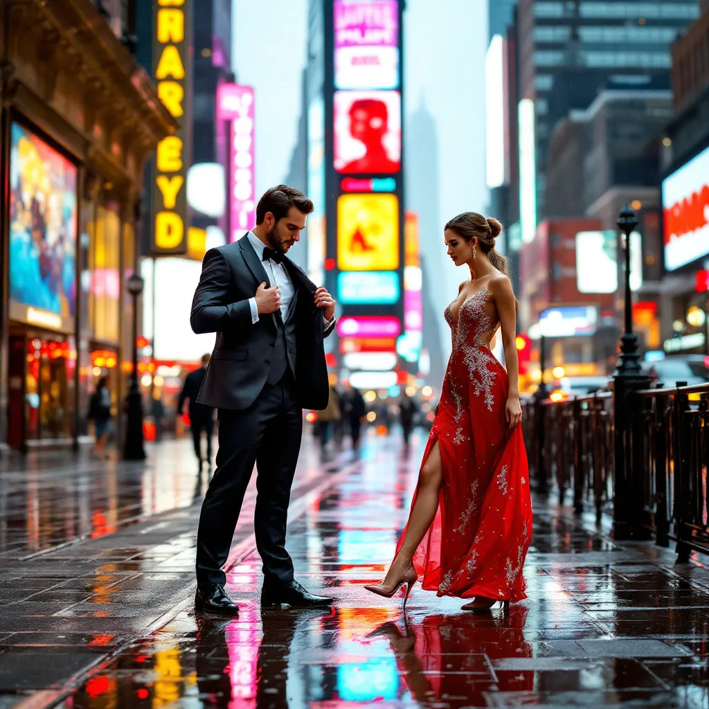 Prompt: A gentleman gracefully lays is suit jacket over a puddle of water as a beautiful woman in high heels is crossing over his jacket in an elegant city scape