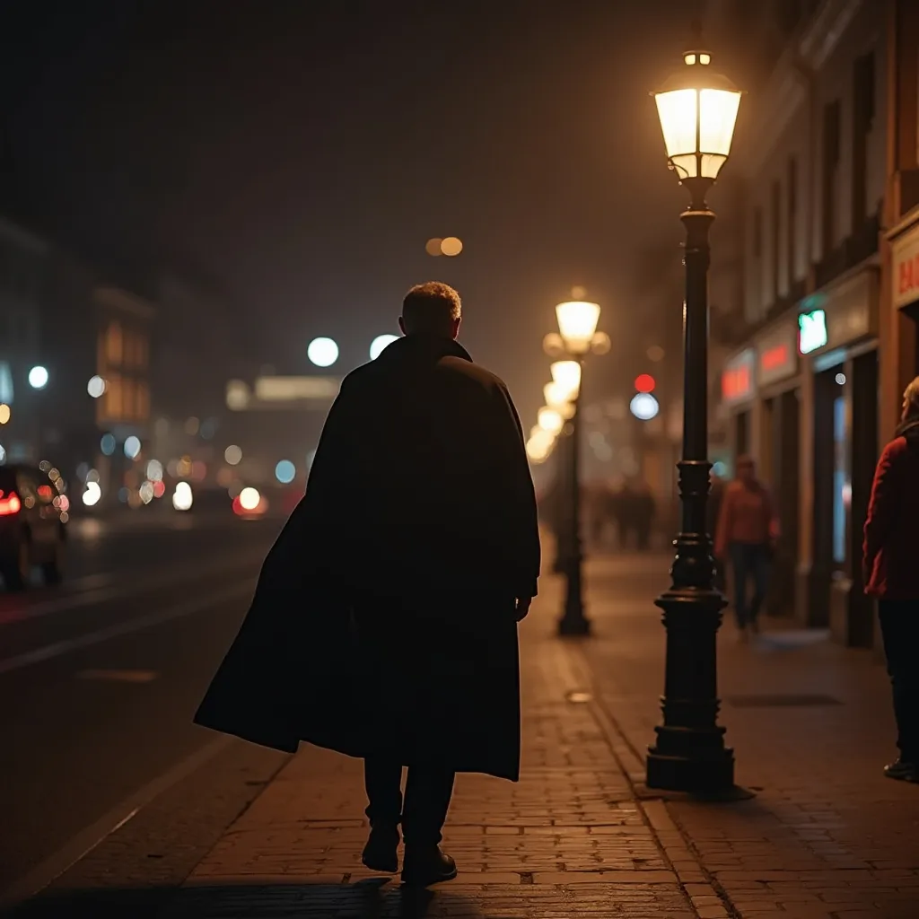 Prompt: A conspicuous man in a long black cape walking a busy sidewalk at night side view lit by gas lamp street lights