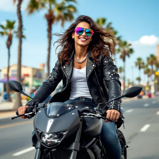 Prompt: A cool chic riding down a beach boulevard on a motorcycle in sunglasses 