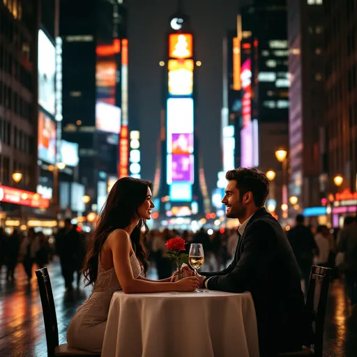 Prompt: A couple in love face each other sitting at a small dinner table amid an exciting city scape with tall pretty lit buildings and busy pedestrians walking by.