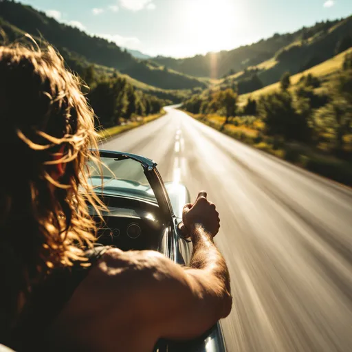 Prompt: A view looking over long haired,  satisfied drivers right shoulder while he drives a vintage sports car down a scenic highway 