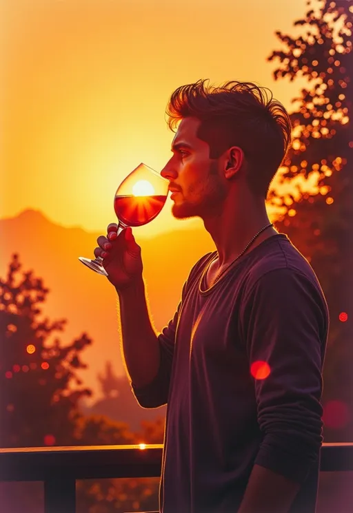 Prompt: A man drinking from a wine glass, dramatic silhouette against a vibrant sunlit backdrop, the warm golden rays illuminating the scene, creating a striking contrast between light and shadow, soft lens flare effects adding depth, tranquil and introspective ambiance, ultra-detailed, high quality, capturing the essence of relaxation and enjoyment in this serene moment.