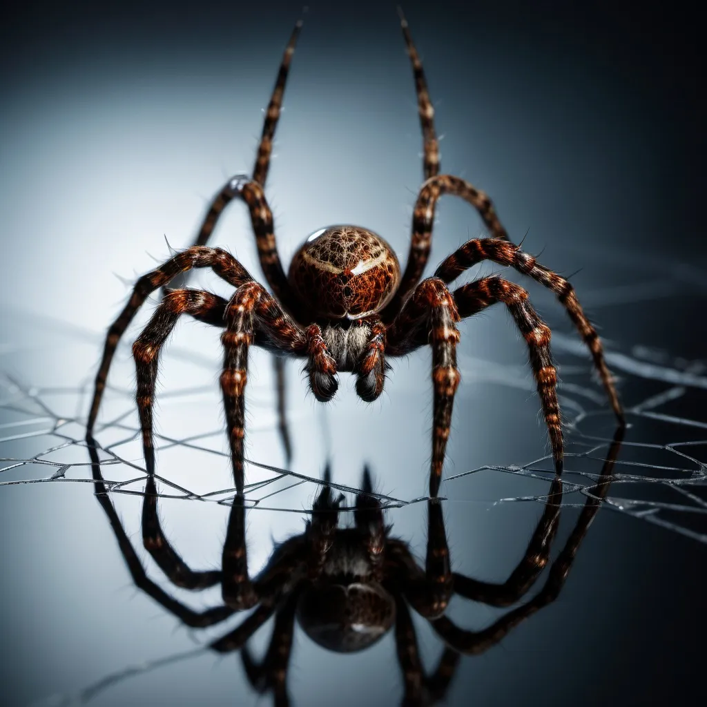 Prompt: A spider standing on a mirror, observing its reflection, sharp details on the spider's legs and body, glossy surface of the mirror reflecting intricate patterns, cool and deep color tones, creating an eerie yet captivating ambiance, highlighting the contrast between the spider's dark figure and the bright reflections, ultra-detailed, high definition, dramatic light play enhancing the enigmatic mood.