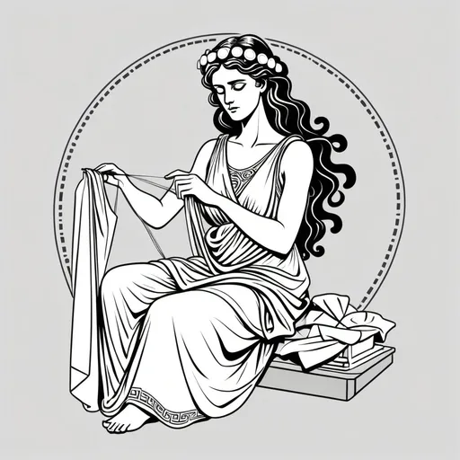 Prompt: A y2k greek Goddess Demeter that is sewing a clothe, make it png black and white scetch, Make it to be logo of a brand style