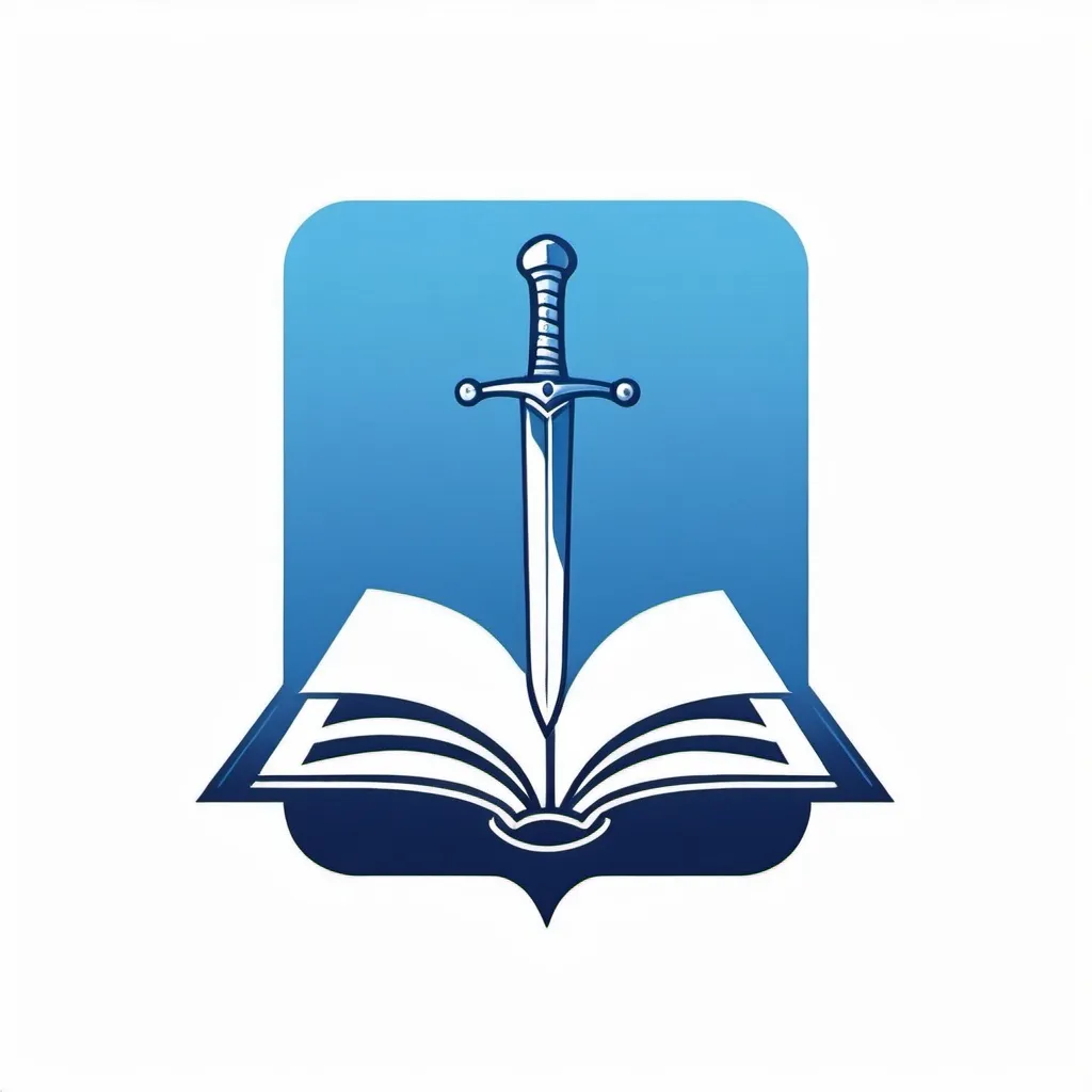 Prompt: a minimalist logo design, blue color pallette, of a sword piercing an open book, with a white background