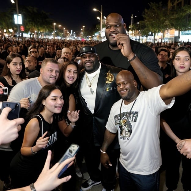 Prompt: Shaquille O'Neal is surrounded by fans who want to take selfies with him. They are on the street. 