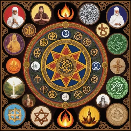 Prompt: Create a picture that incorporates symbols of the following religions Hinduism , Zoroastrian, Celtic Religion, Viking Religion, Judaism, Christianity, Islam, and Buddhism in to one picture