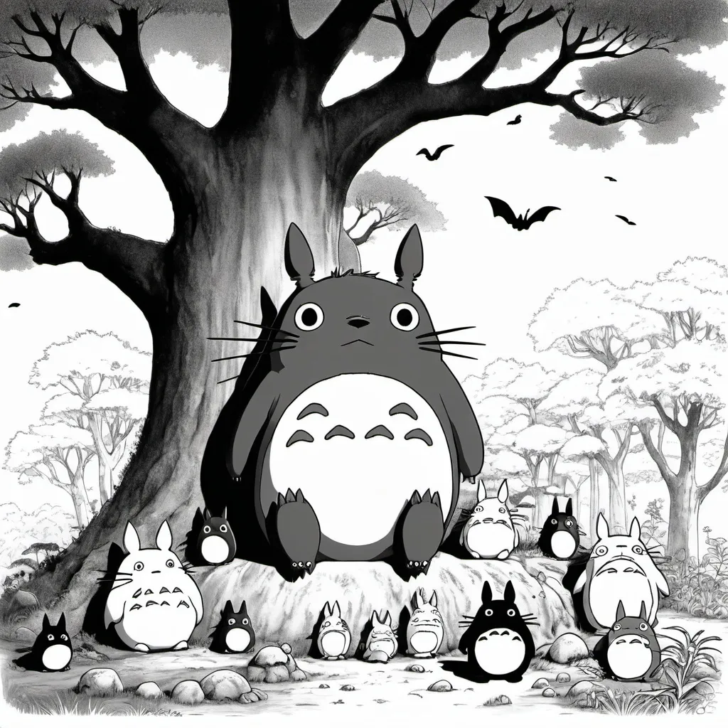 Prompt: Totoro sitting peacefully under a tree, surrounded by smaller studio ghibli characters like Jiji and Ponyo. Doodle style/Colouring page. Black and white. 