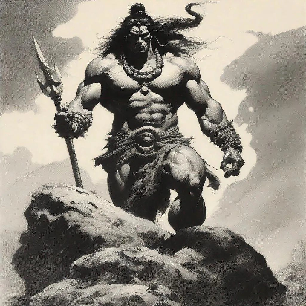 Prompt: B&W frazetta art, a huge muscular lord shiva walking on the landscape 