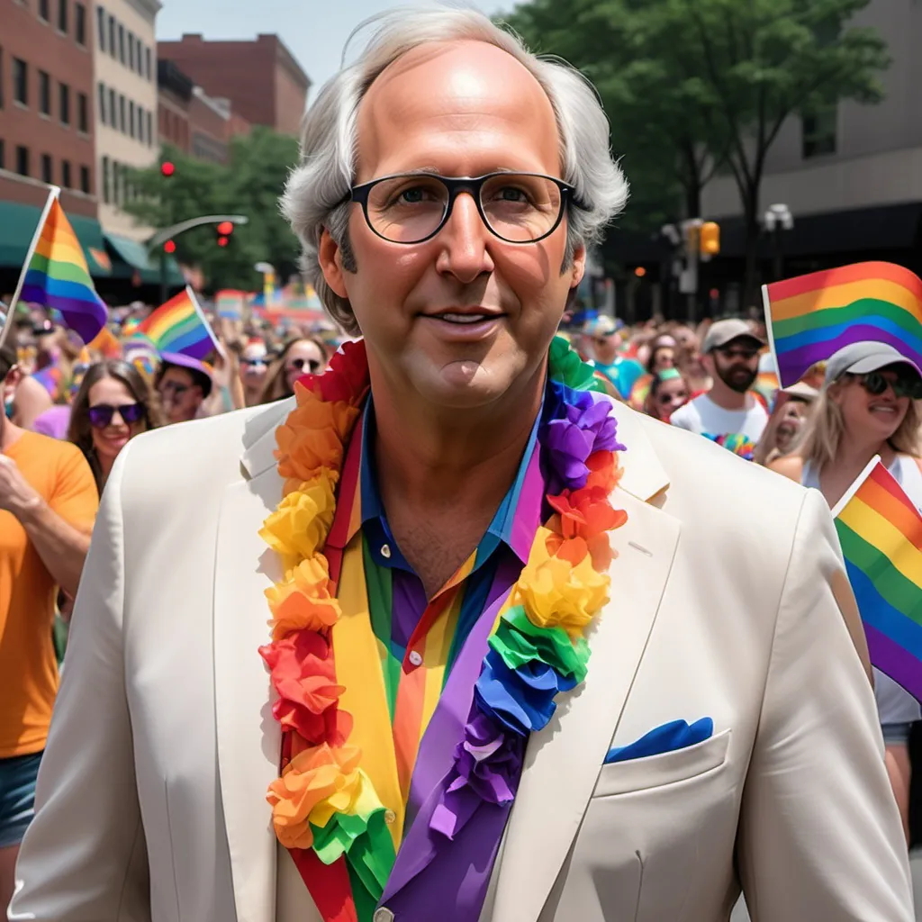 Prompt: extremely realistic looking chevy chase dressed for a pride parade