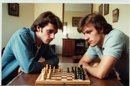 Prompt: snapshot of a 30 years old man laying playing chess with a friend in 1982 inside a house.  there is a mirror on the wall. found photo.