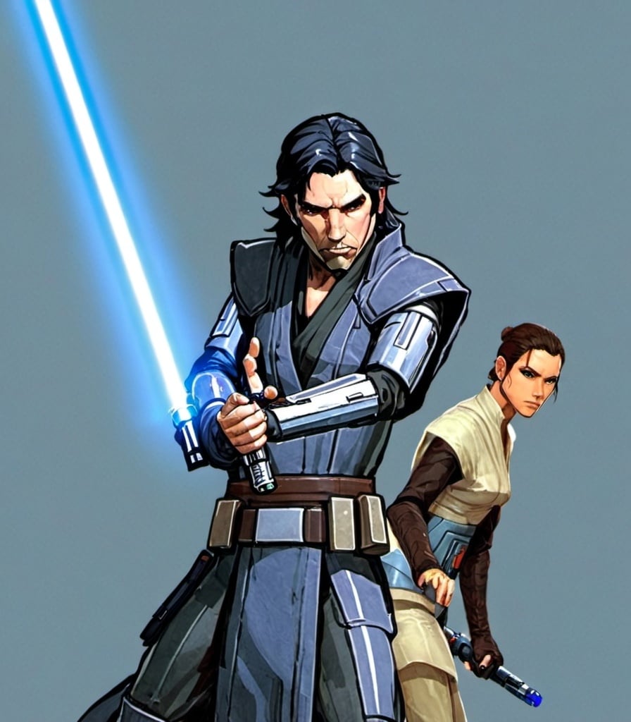 Prompt: Long black haired, tan male jedi exile from star wars knights of the old republic 2, wearing a dark robe and holding a blue lightsaber