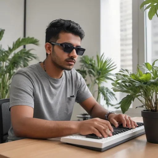 Prompt: An indian blind young queer
man with black sun glasses for blind people and piercing is
using a special braille keyboard for blind people in a bright office with a few plants on a realistic style