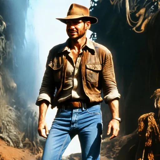 Prompt: indiana jones wearing blue jeans