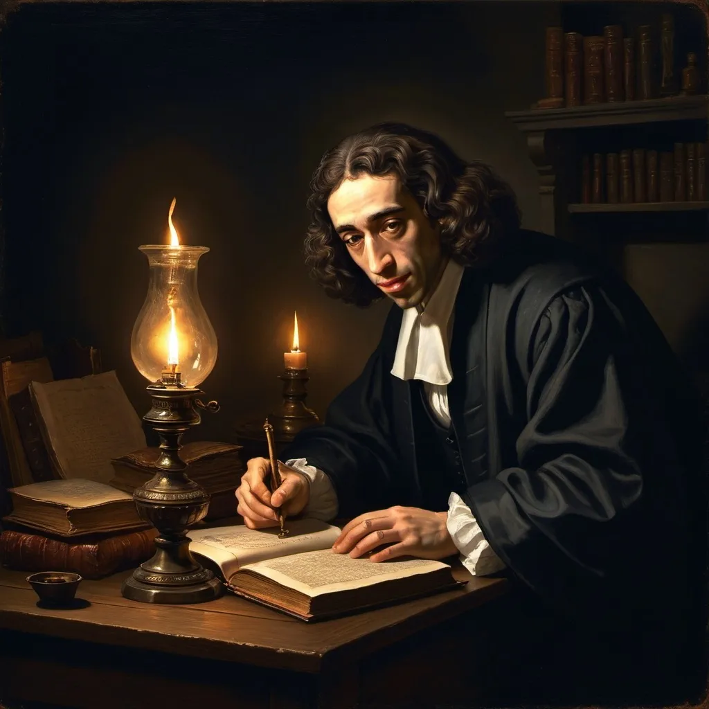 Prompt: Spinoza is reading and taking notes from a book on his wooden desk, with an oil lamp on the table. The atmosphere is dimly lit, but Spinoza's face is glowing. The background is dark, and in that darkness, religious figures such as a rabbi, an imam, and priests are faintly visible