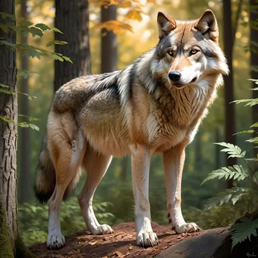 Prompt: Large adult wolf with light orange fur, white muzzle, white underbelly and paws, brown eyes, 