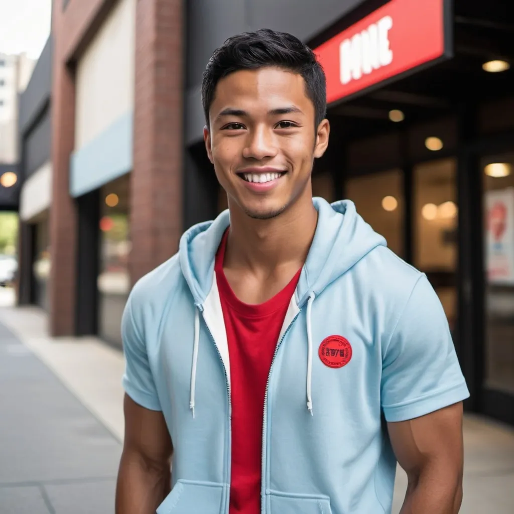 Prompt: Handsome Japanese and African American mixed young man, short straight black hair, dark tanned skin, dark brown eyes, strong masculine muscular build, kind smile, short sleeve light blue zip up hoodie, black pants, red sneakers 