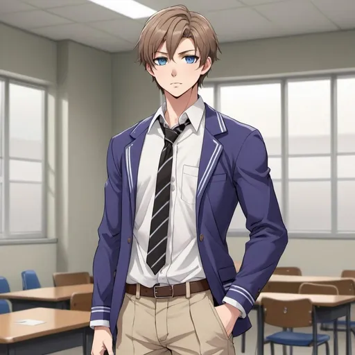 Prompt: Handsome anime young guy with short brown hair, electric blue eyes, pale tan skin, school uniform, long sleeves, a long sleeve white button up shirt with grey and black striped necktie, powdered blue jacket with white trim, khaki pants, purple converse full body, massive muscular body, full body, standing up, looking at viewer,