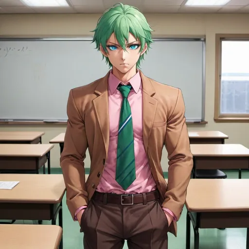 Prompt: takashi_komuro, blue eyes, green hair, hair between eyes,massive pecs, massive muscular body, school uniform, long sleeves, open brown jacket, dark pink necktie, brown pants, full body, looking at viewer, classroom background 